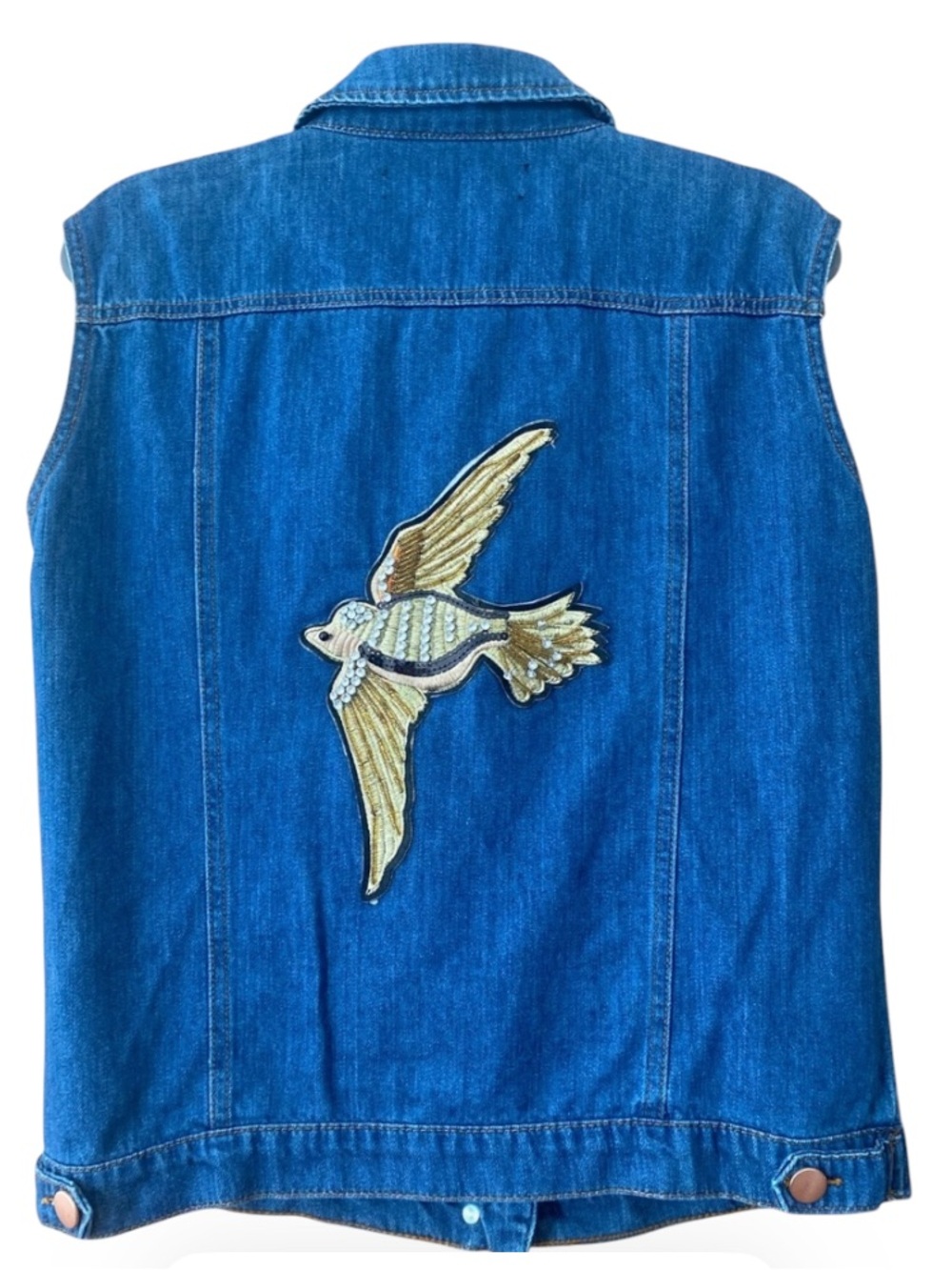 Ashley Mason Embellished Bird Denim Vest Distressed Jean Jacket Size S